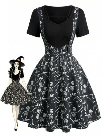 50er Pilz-Gothic-Kleid mit V-Ausschnitt und Fake-Zweiteiler