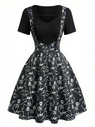50er Pilz-Gothic-Kleid mit V-Ausschnitt und Fake-Zweiteiler