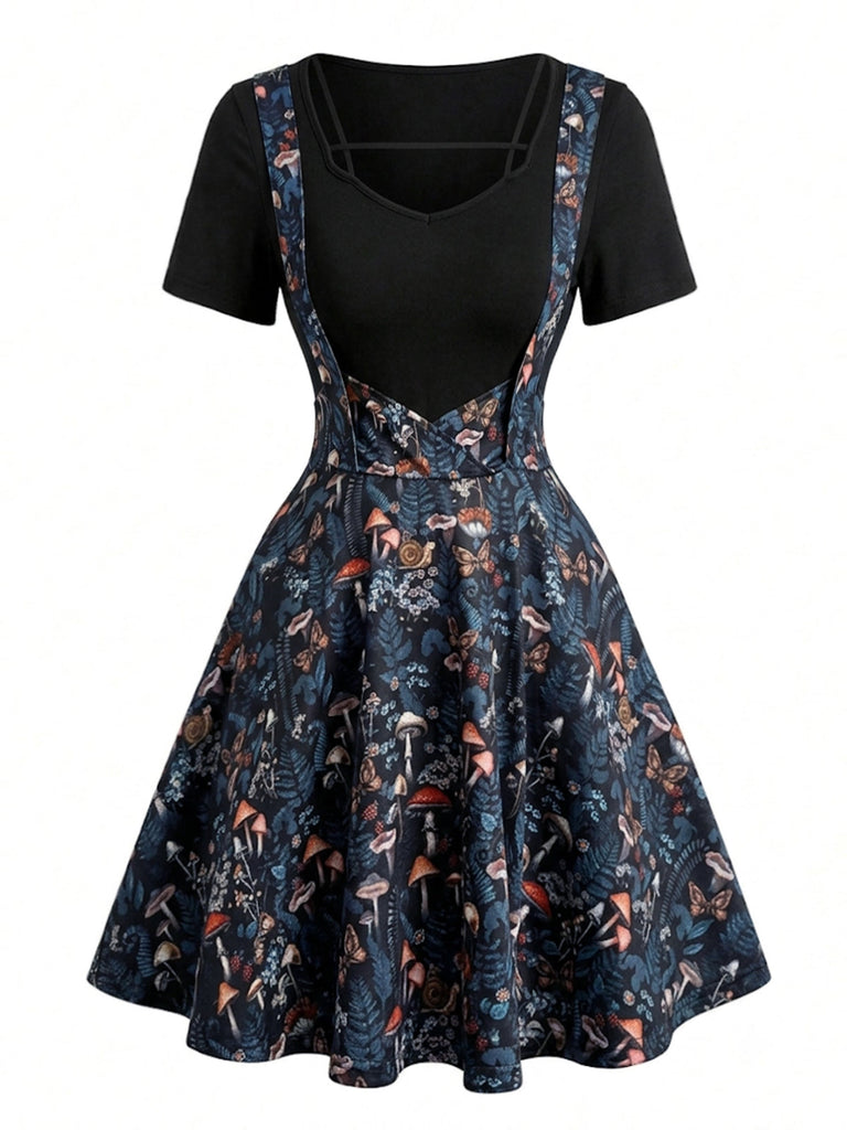 50er Pilz-Gothic-Kleid mit V-Ausschnitt und Fake-Zweiteiler