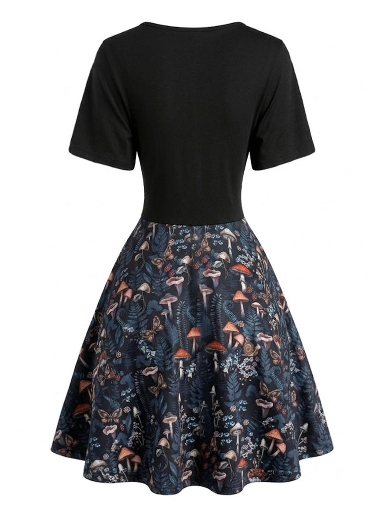 50er Pilz-Gothic-Kleid mit V-Ausschnitt und Fake-Zweiteiler
