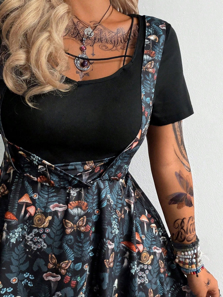 50er Pilz-Gothic-Kleid mit V-Ausschnitt und Fake-Zweiteiler