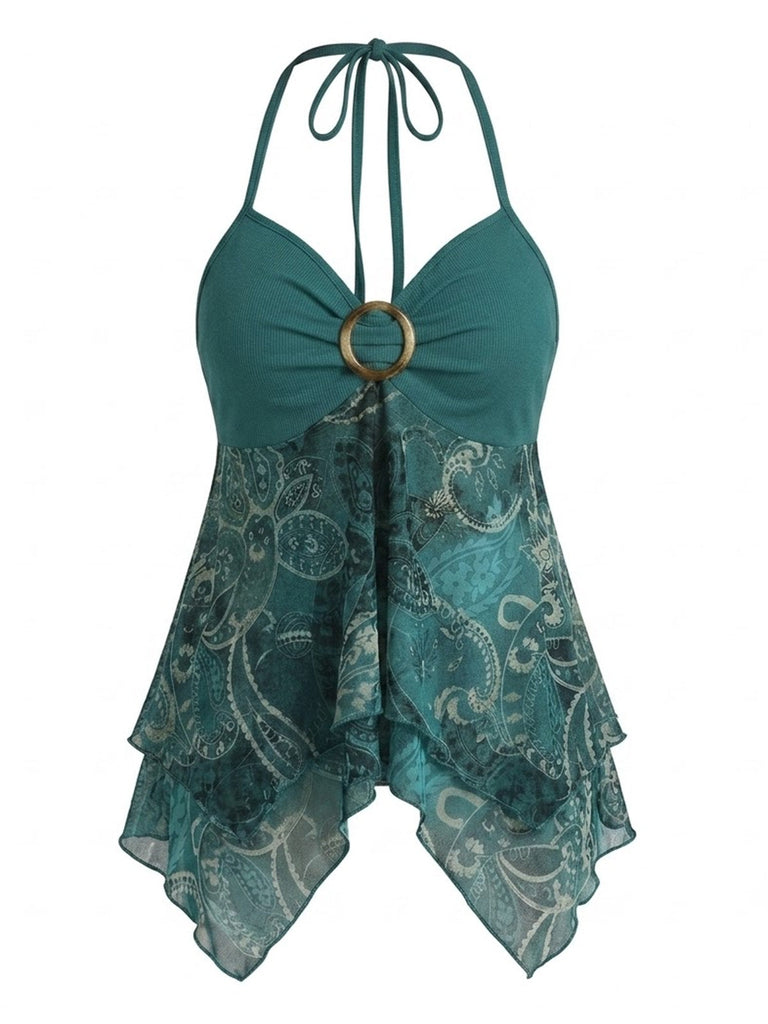 Grünes 70er ärmelloses Top mit Neckholder und asymmetrischem Saum