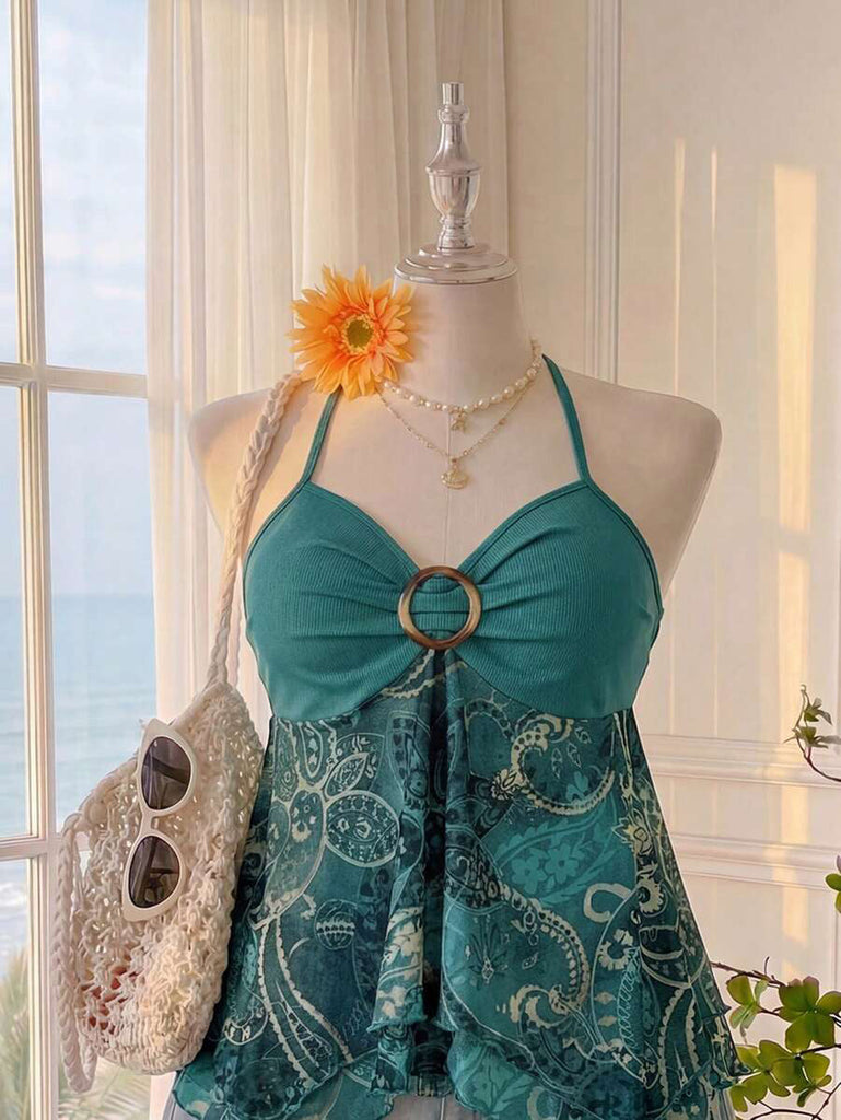 Grünes 70er ärmelloses Top mit Neckholder und asymmetrischem Saum