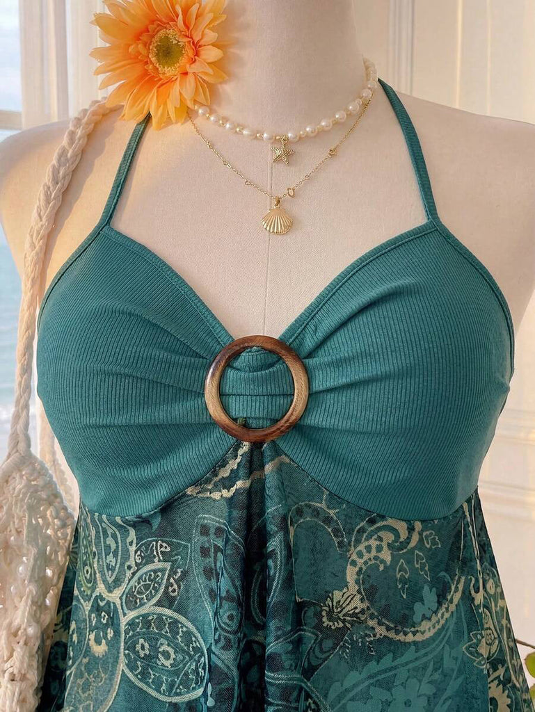 Grünes 70er ärmelloses Top mit Neckholder und asymmetrischem Saum