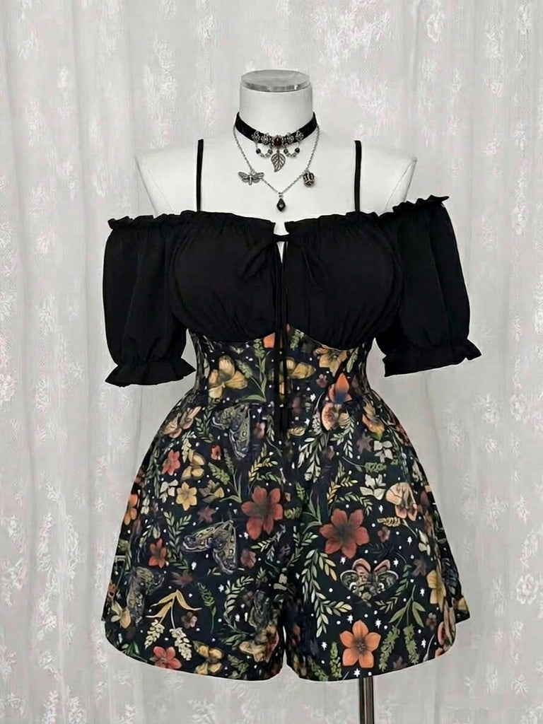 70er schulterfreier Romper mit Schlangen- und Sternenprint