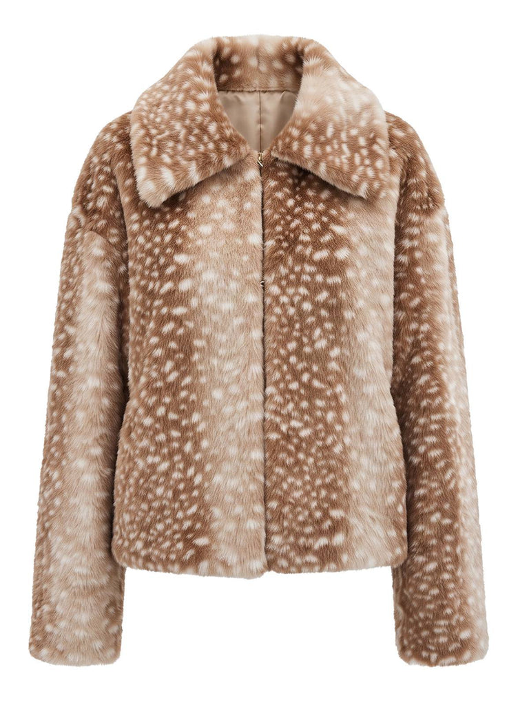 Braune 50er Kunstpelz-Kurzjacke mit Hirschprint