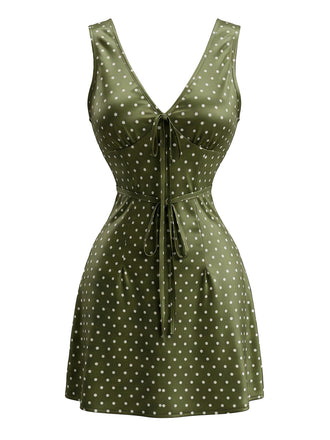 Gelbgrünes 70er Satin-Minikleid mit V-Ausschnitt und Punkten
