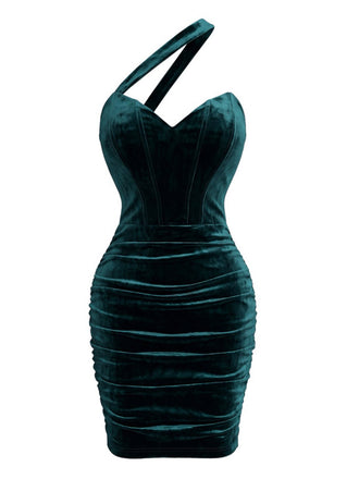 60er One-Shoulder-Bodycon-Kleid aus Samt mit Raffungen