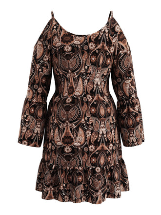 [Übergröße] 70er Cold-Shoulder Minikleid mit Paisley