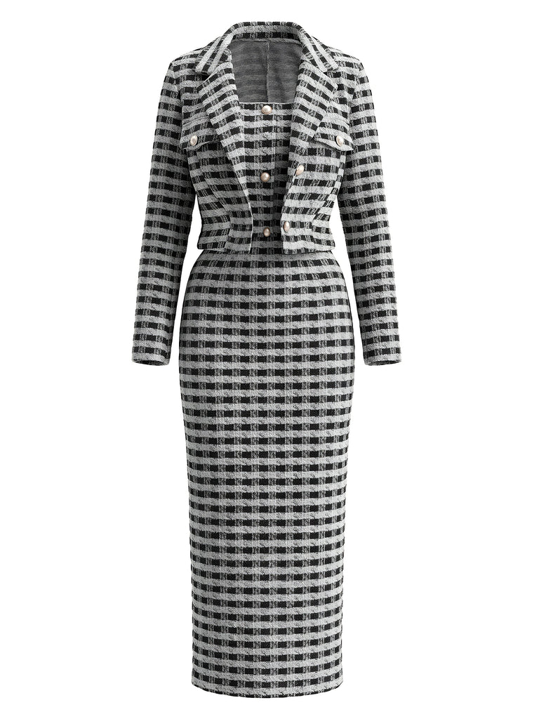 60er Set aus Blazer & Kleid in Karotweed mit Perlenknöpfen