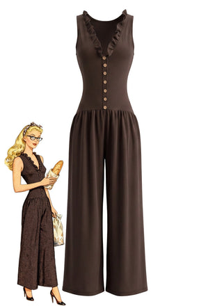 Brauner 70er ärmelloser Jumpsuit mit V-Ausschnitt und weiten Beinen