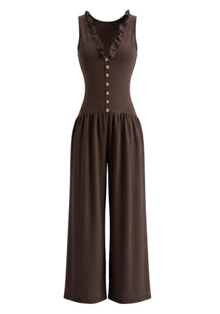 Brauner 70er ärmelloser Jumpsuit mit V-Ausschnitt und weiten Beinen