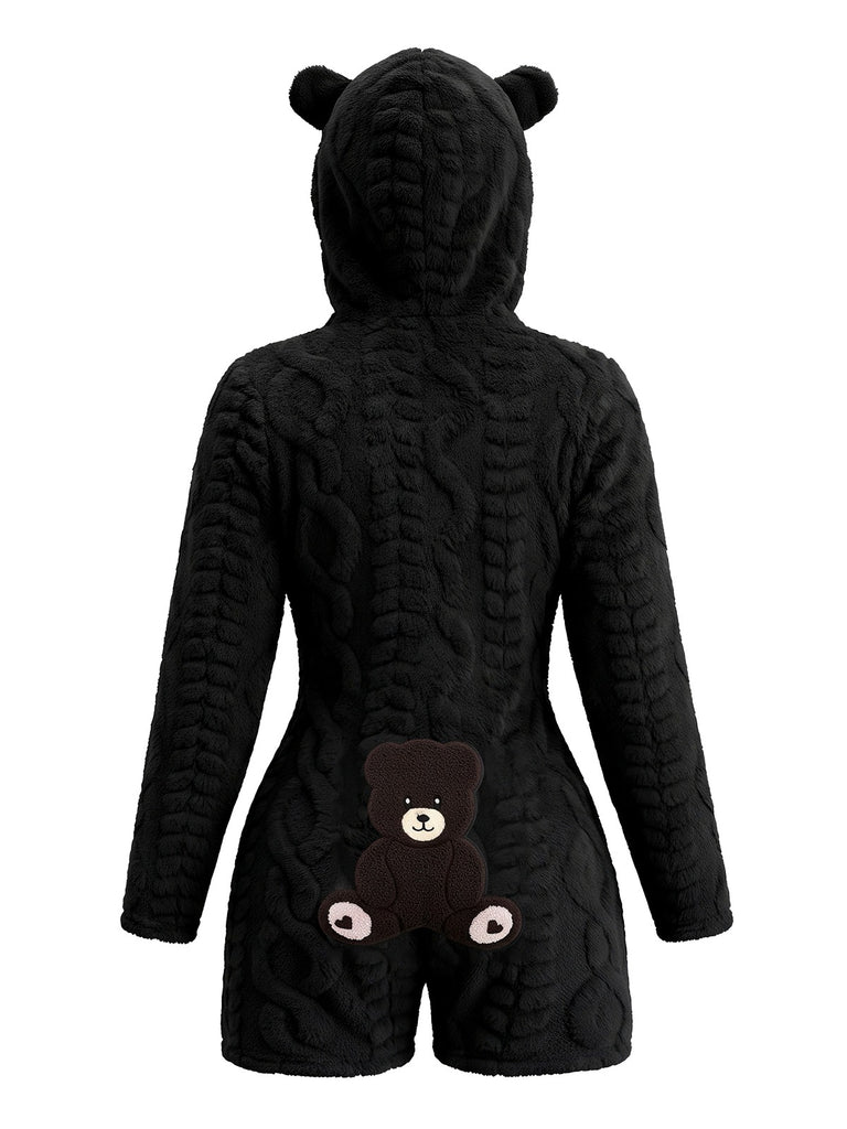 80er Fleece-Kapuzenromper mit Teddybärstickerei
