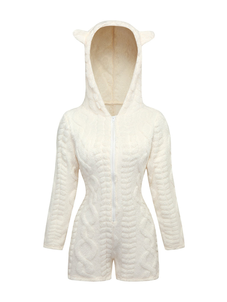 80er Fleece-Kapuzenromper mit Teddybärstickerei