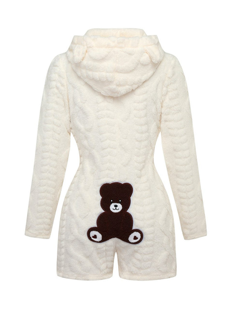 80er Fleece-Kapuzenromper mit Teddybärstickerei