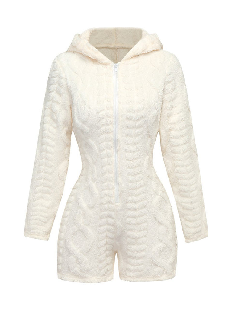 80er Fleece-Kapuzenromper mit Teddybärstickerei