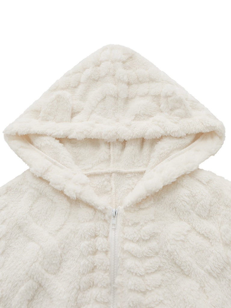 80er Fleece-Kapuzenromper mit Teddybärstickerei