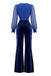 Kobaltblauer 70er Jumpsuit mit Samthose und transparenten Ärmeln