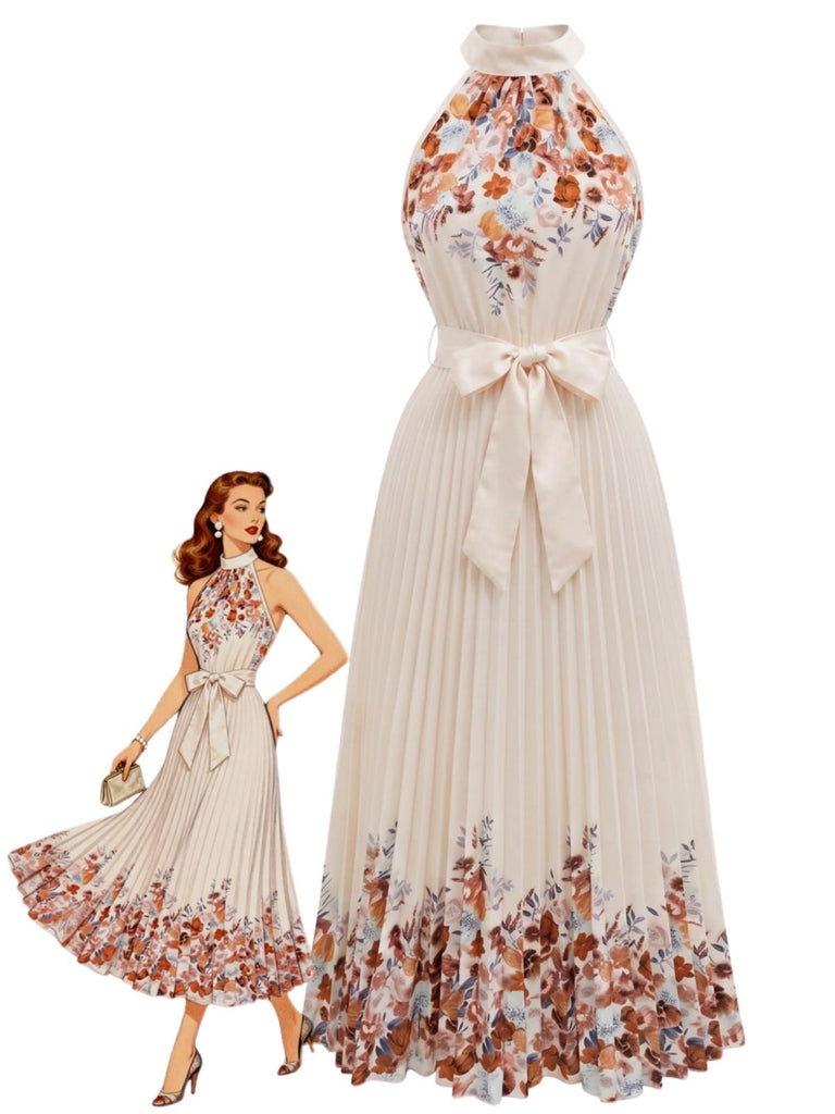 50er Blumen-Plissee-Maxikleid mit Neckholder und Taillenschleife