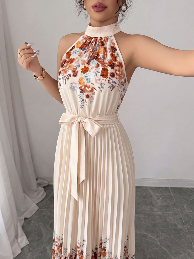 50er Blumen-Plissee-Maxikleid mit Neckholder und Taillenschleife