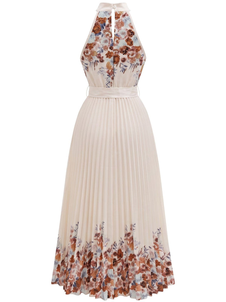 50er Blumen-Plissee-Maxikleid mit Neckholder und Taillenschleife