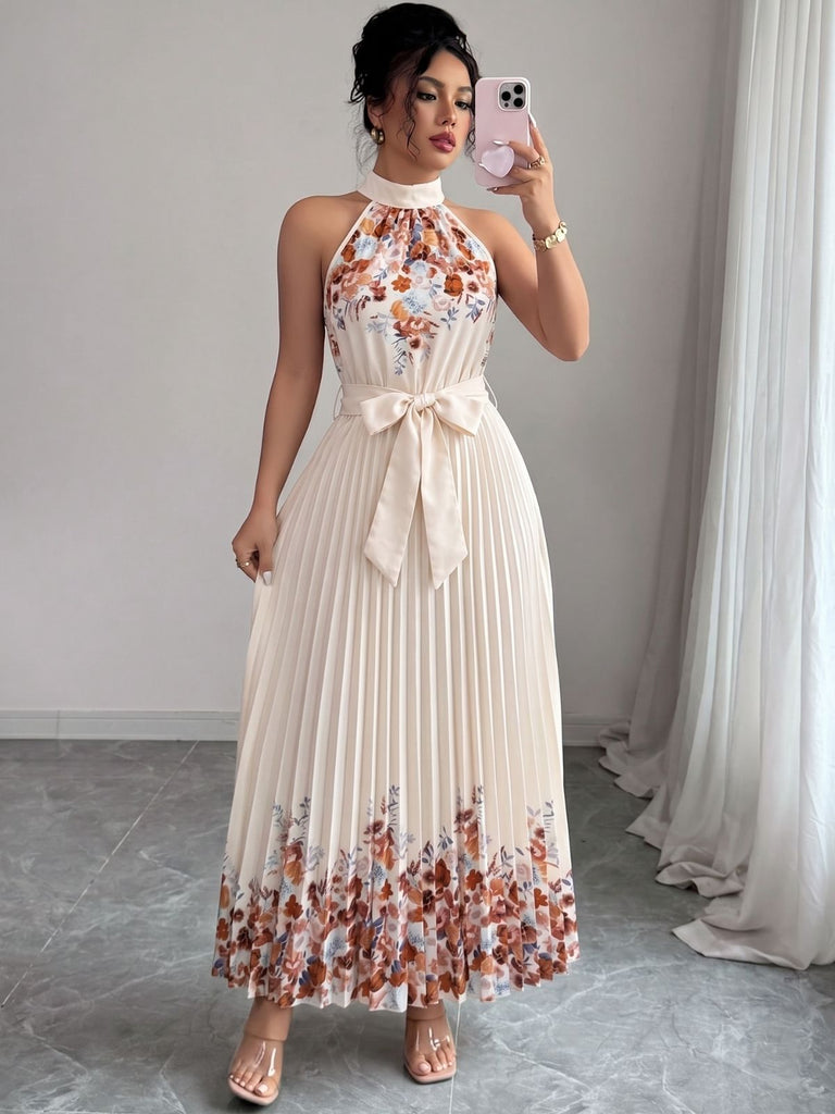 50er Blumen-Plissee-Maxikleid mit Neckholder und Taillenschleife