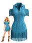 Petrolfarbenes 70er Wildlederkleid mit Reverskragen Cold-Shoulder und Fransen