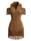 70er Wildlederkleid mit Reverskragen Cold-Shoulder und Fransen