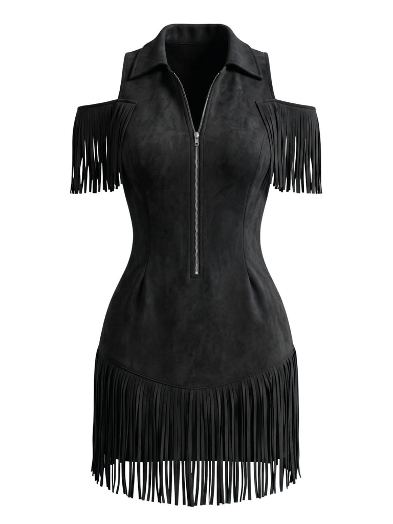 70er Cold-Shoulder Kleid mit Reverskragen und Fransen