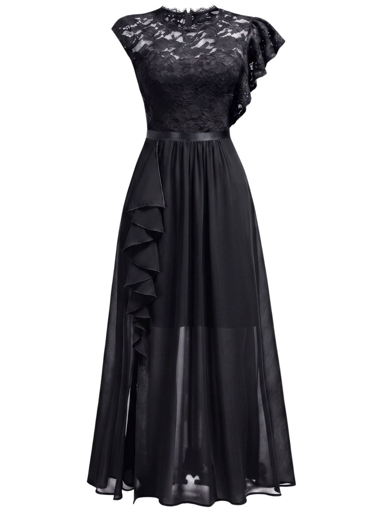 30er asymmetrisches Party-Maxikleid mit Blumenspitze und Rüschen