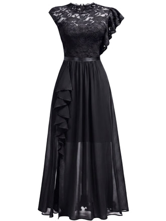 30er asymmetrisches Party-Maxikleid mit Blumenspitze und Rüschen
