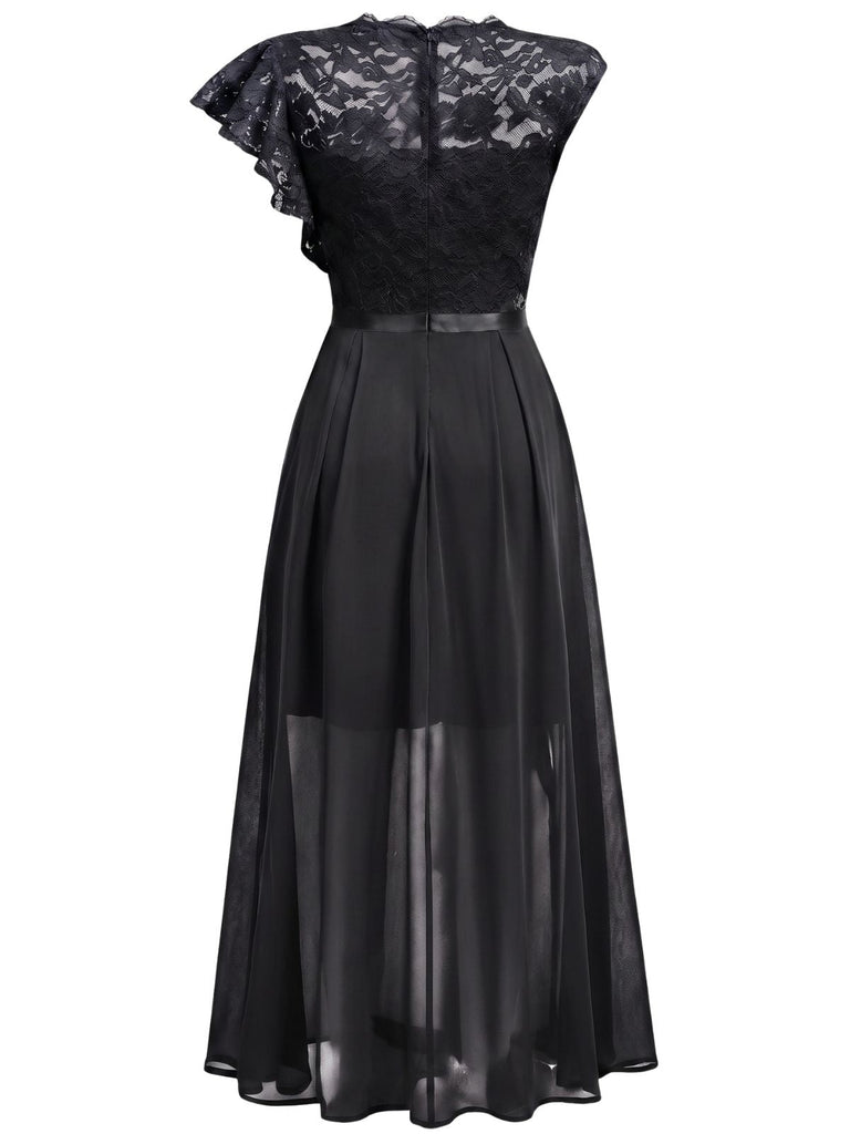 30er asymmetrisches Party-Maxikleid mit Blumenspitze und Rüschen