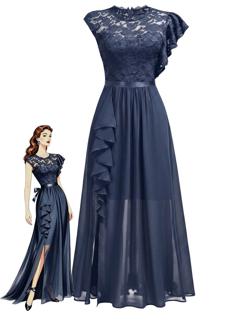 30er asymmetrisches Party-Maxikleid mit Blumenspitze und Rüschen
