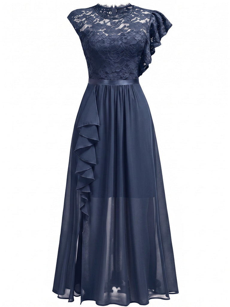 30er asymmetrisches Party-Maxikleid mit Blumenspitze und Rüschen