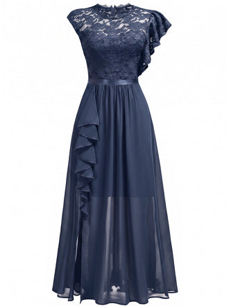 30er asymmetrisches Party-Maxikleid mit Blumenspitze und Rüschen