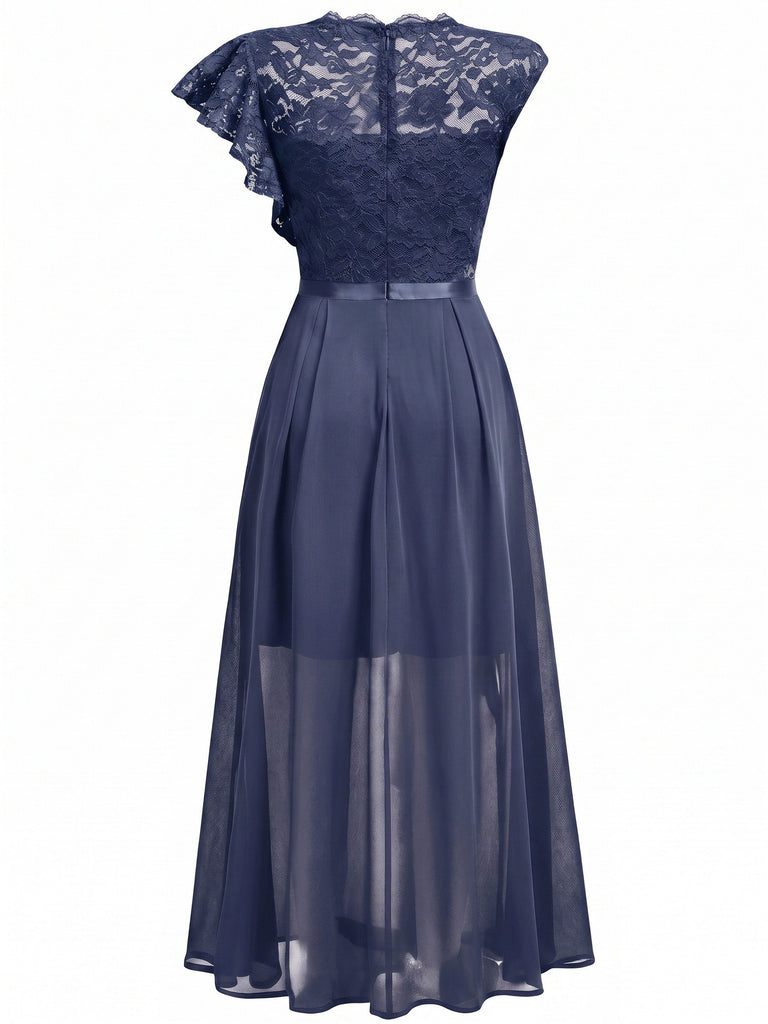 30er asymmetrisches Party-Maxikleid mit Blumenspitze und Rüschen