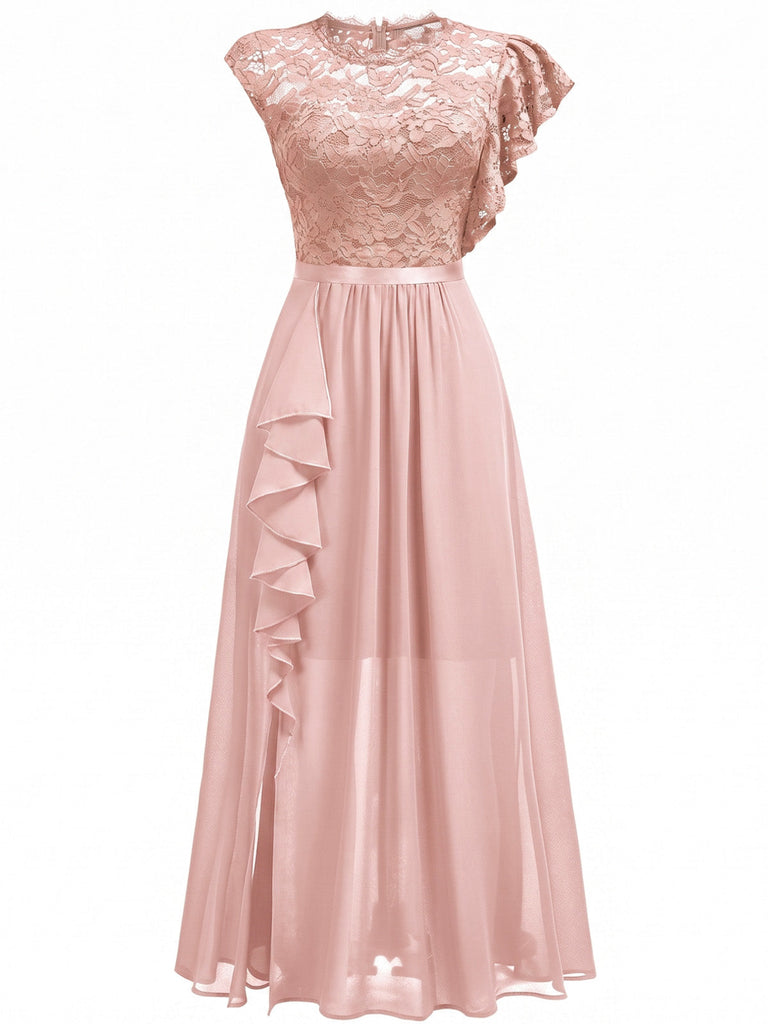 30er asymmetrisches Party-Maxikleid mit Blumenspitze und Rüschen