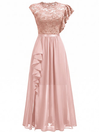 30er asymmetrisches Party-Maxikleid mit Blumenspitze und Rüschen
