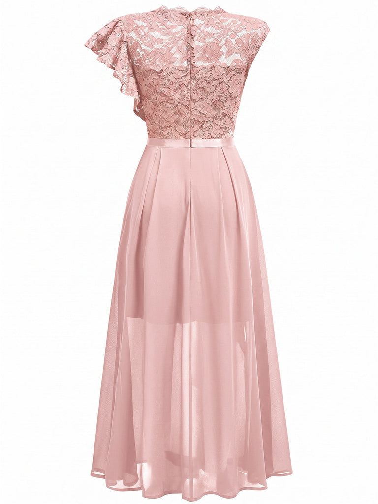 30er asymmetrisches Party-Maxikleid mit Blumenspitze und Rüschen