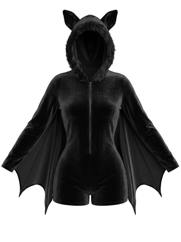 60er Halloween Samt-Romper mit Fledermausärmeln und Katzenohren-Kapuze