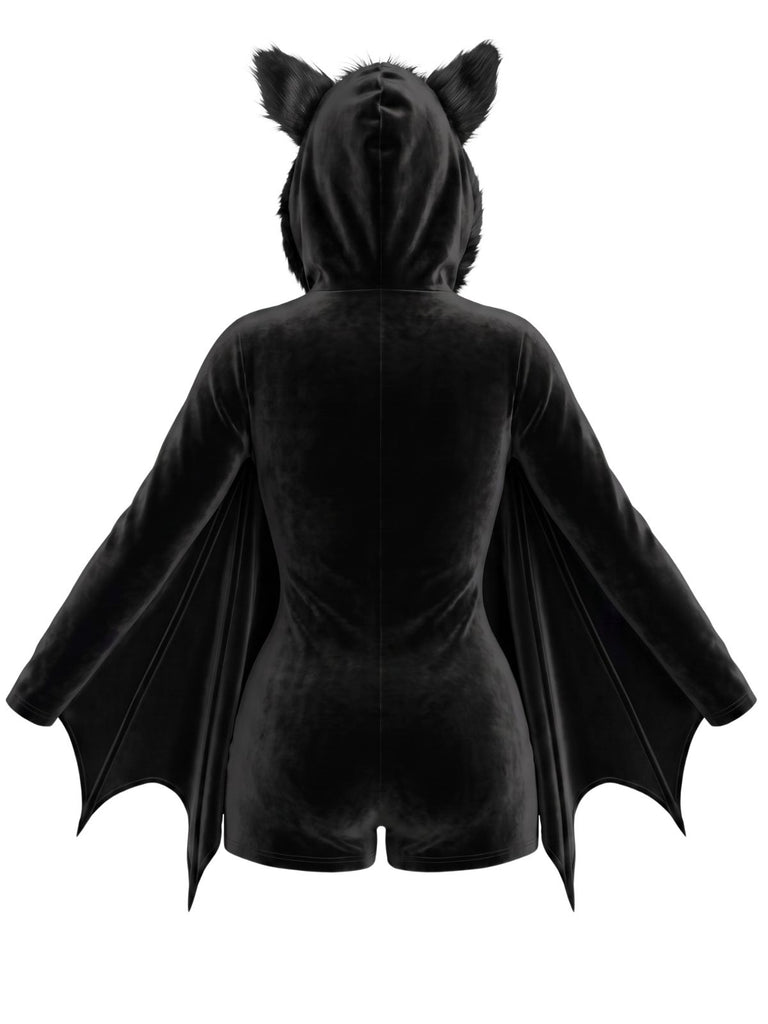 [Vorverkauf] Lila 60er Halloween Batgirl Samt-Romper mit Fledermausärmeln und Katzenohren-Kapuze