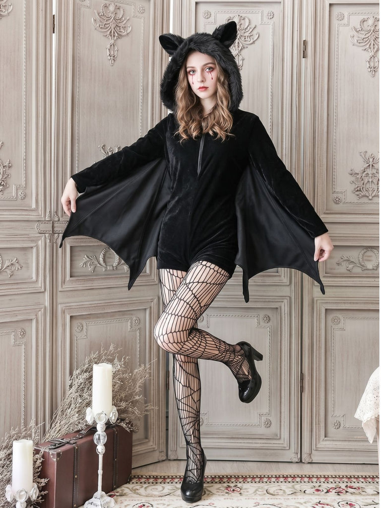 60er Halloween Samt-Romper mit Fledermausärmeln und Katzenohren-Kapuze