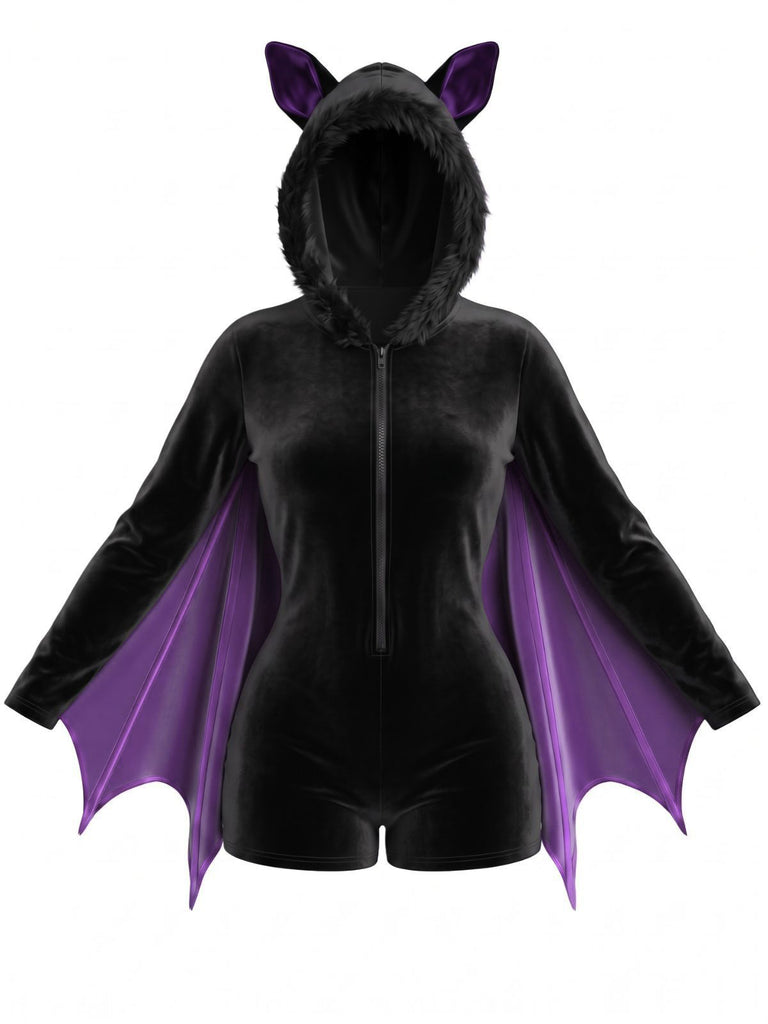 [Vorverkauf] Lila 60er Halloween Batgirl Samt-Romper mit Fledermausärmeln und Katzenohren-Kapuze