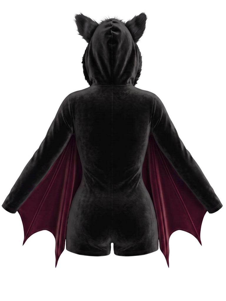 [Vorverkauf] Lila 60er Halloween Batgirl Samt-Romper mit Fledermausärmeln und Katzenohren-Kapuze