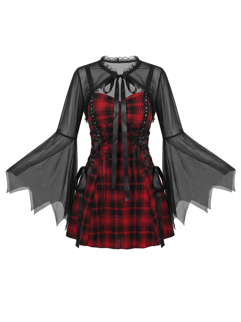 Schwarz-rotes 50er Halloween Kleid mit Fledermausärmeln und Karo