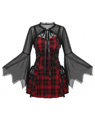 Schwarz-rotes 50er Halloween Kleid mit Fledermausärmeln und Karo