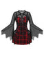 Schwarz-rotes 50er Halloween Karo-Kleid mit Fledermausärmeln und Accessoire-Set
