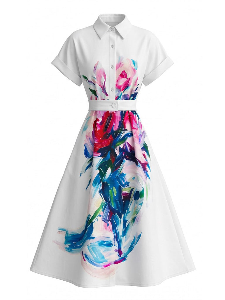 50er Hemdblusenkleid mit Gemälde-Print und Knöpfen