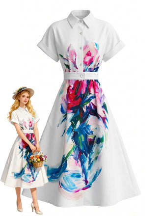 50er Hemdblusenkleid mit Gemälde-Print und Knöpfen