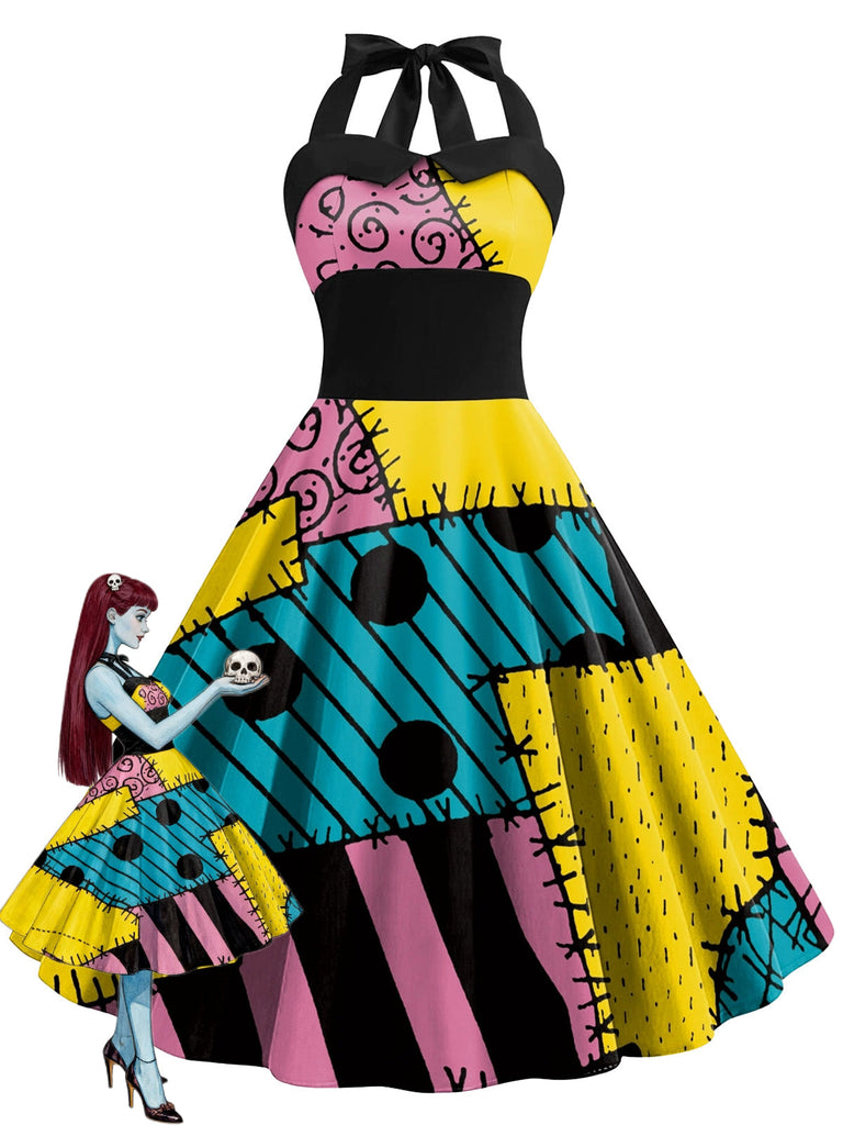 50er Halloween Sally-Kleid mit Patchwork-Print und Neckholder